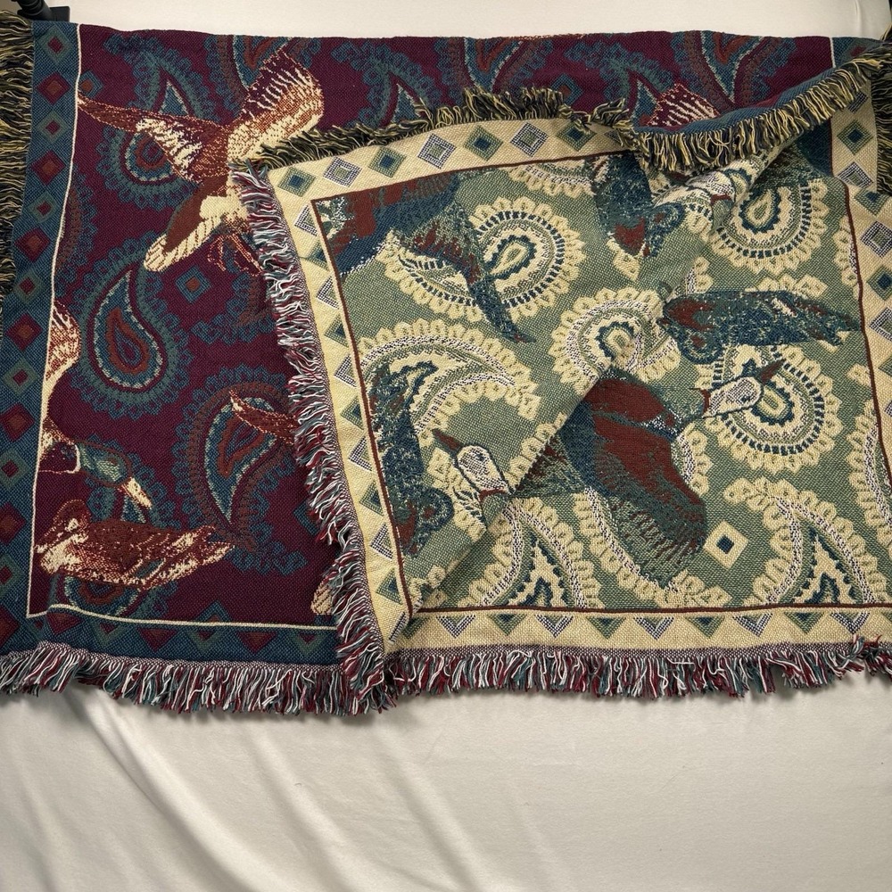 Vtg Woven Tapestry Throw Blanket Mallard Duck Paisley Fringe Burgundy Teal 47x70 - Picture 9 of 12